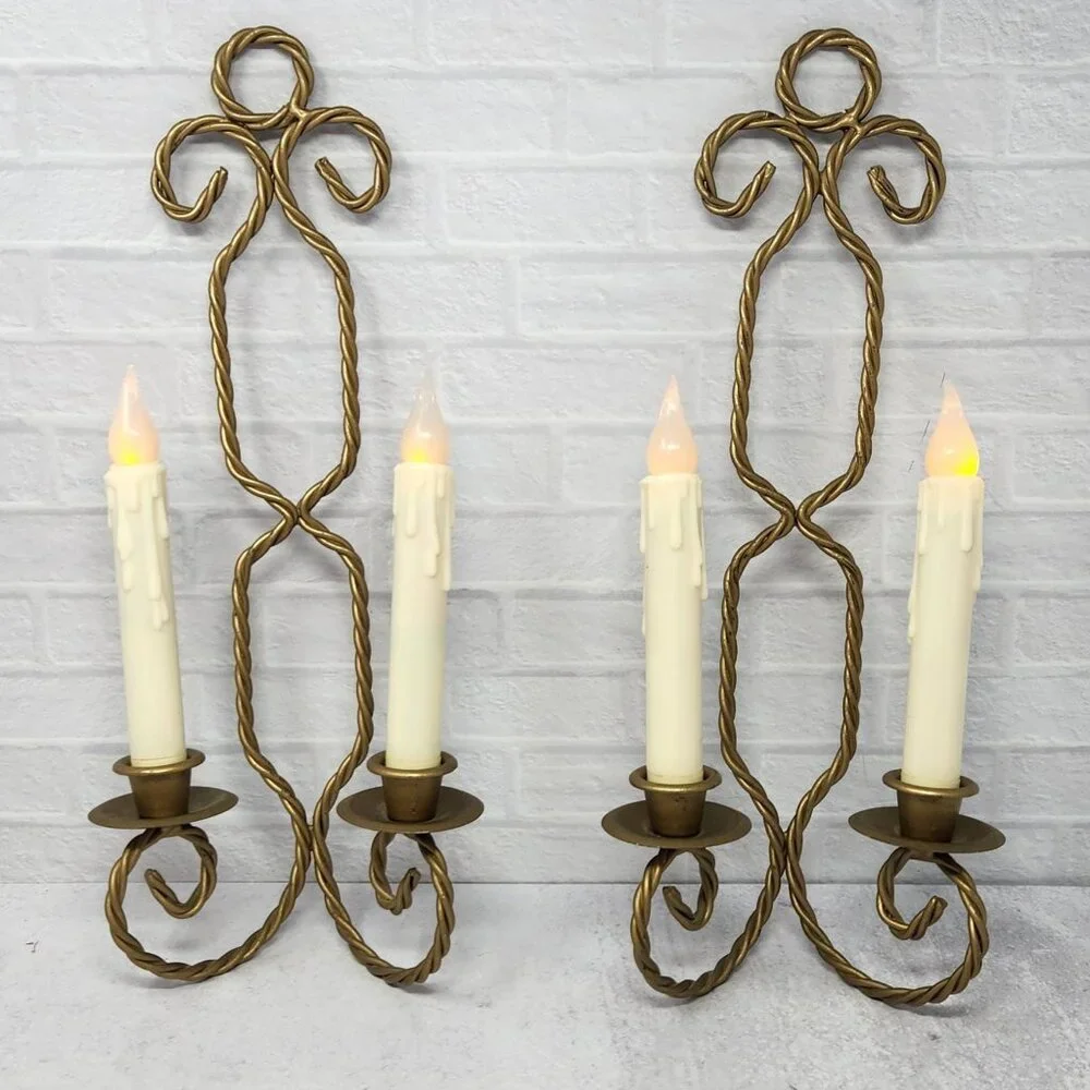 Vintage Pair Mid-Century Gold Brass Twisted Rope Wire Candle Holders MCM‎ Candle